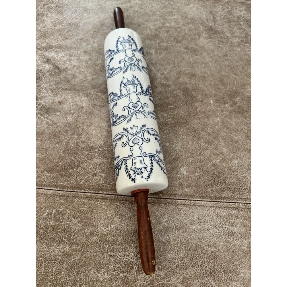 Roller Pin Blue White Glazed Stoneware Wood Handles 19-20